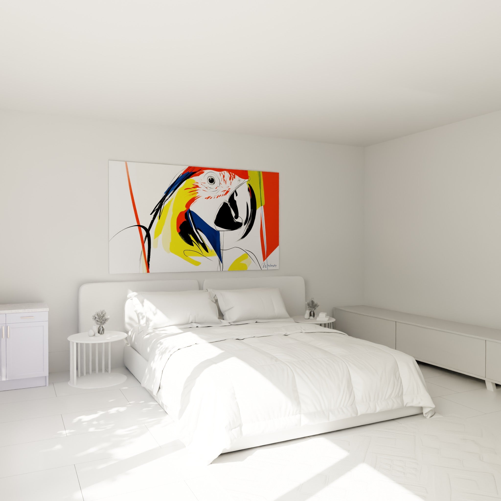 Perroquet graphique jaune et bleu marine accroché au-dessus d'un lit dans une chambre claire