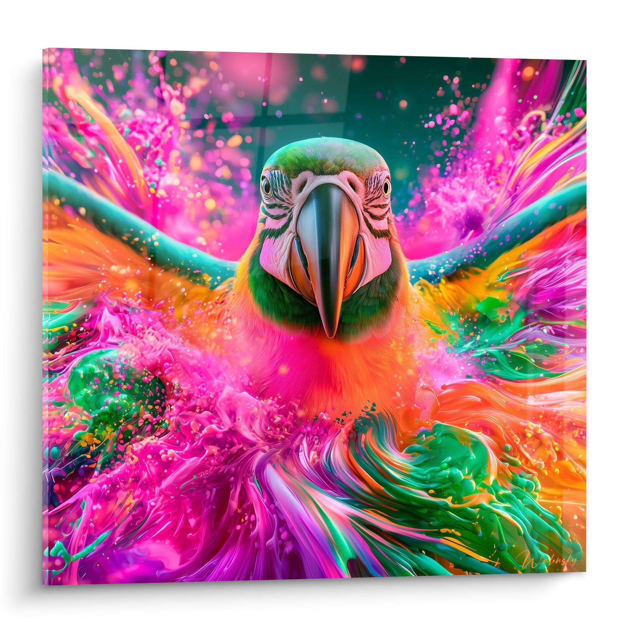 Perroquet aux plumes vertes et roses fuchsia jaillissant d'une explosion de peinture liquide