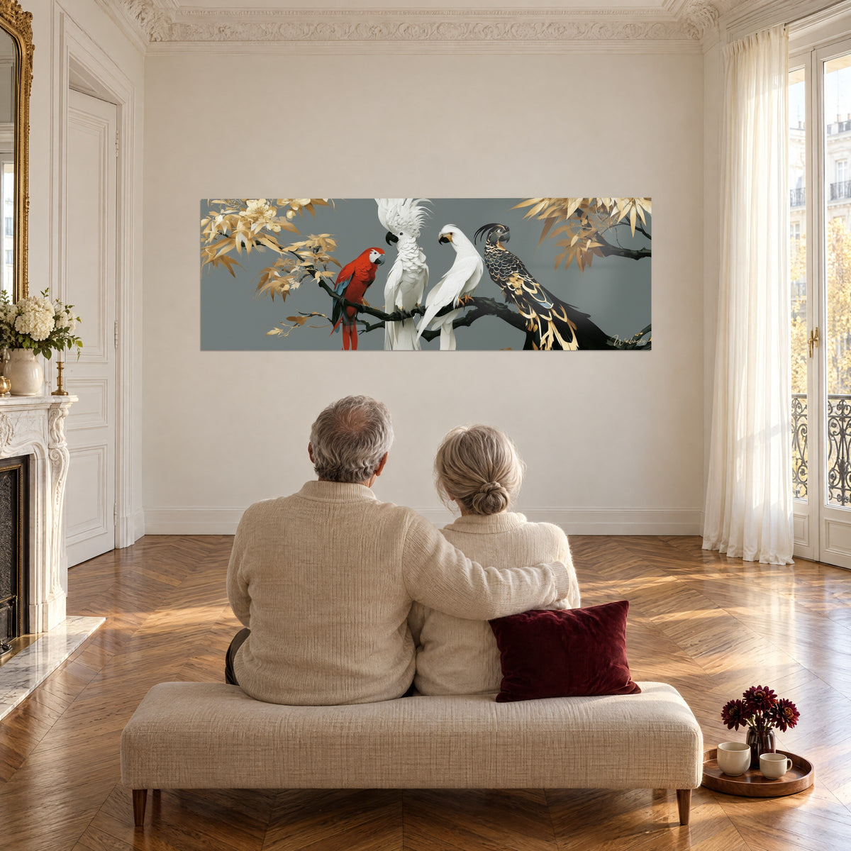 Tableau panoramique d'oiseaux perchés, plumage blanc, rouge et noir rehaussé d'or, fond gris, face à un couple dans un salon haussmannien
