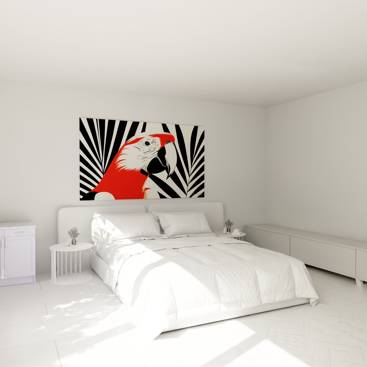 Perroquet rouge et noir aux plumes détaillées, accroché au-dessus d'un lit dans une chambre claire