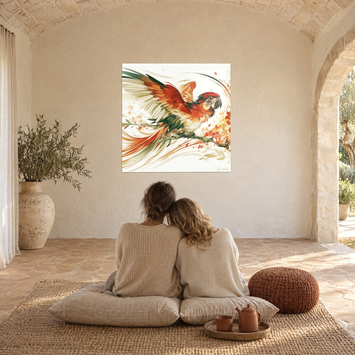 Tableau oiseau exotique mêlant orange, vert forêt et crème, observé par un couple assis sur des coussins au sol