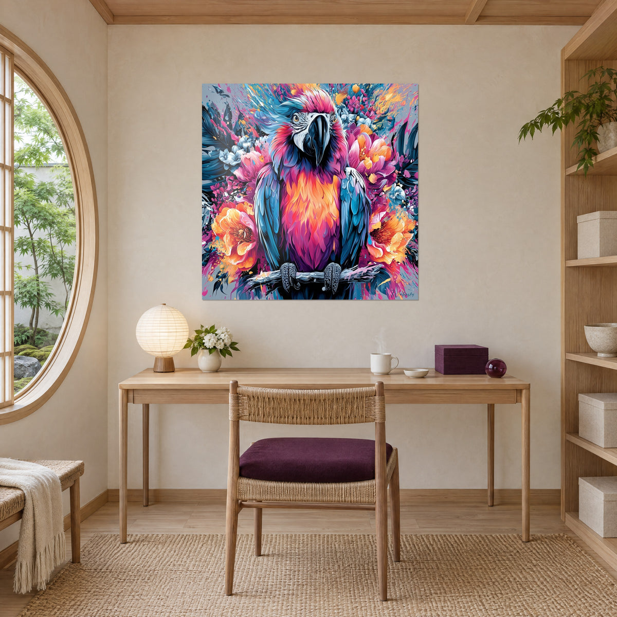 Tableau perroquet éruption tropicale, ventre orange flamboyant et ailes bleu canard, fleurs fuchsia, accroché au-dessus d'un bureau en bois clair