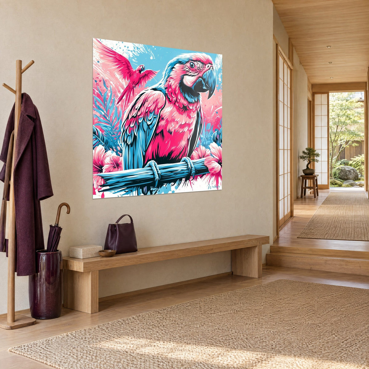 Cuadro loro fucsia de pico azul pizarra, pequeño pájaro en vuelo, visto de tres cuartos en un pasillo japandi sobre una pared beige