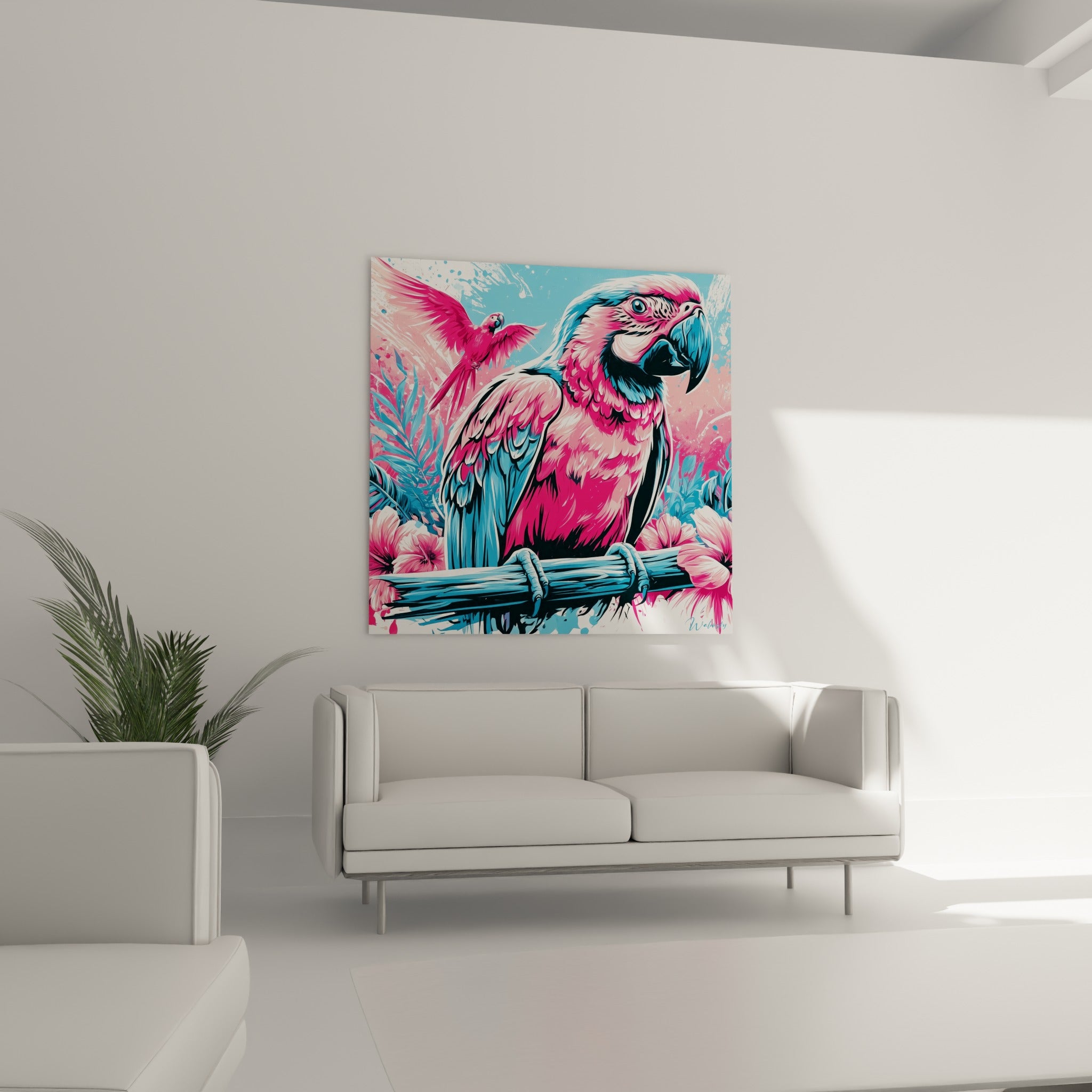 Perroquet fuchsia au bec sombre entouré de fleurs roses, accroché au-dessus d'un canapé dans un salon lumineux