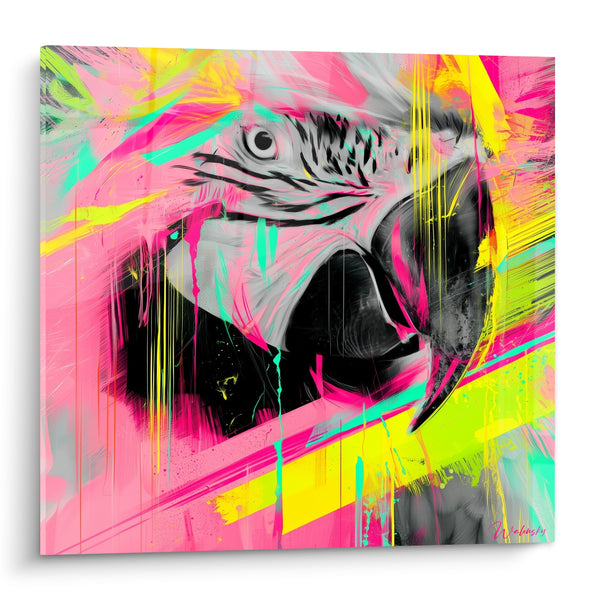 Tableau Perroquet en noir et blanc éclaboussé fluo - Cri électrique - Edition Perroquet