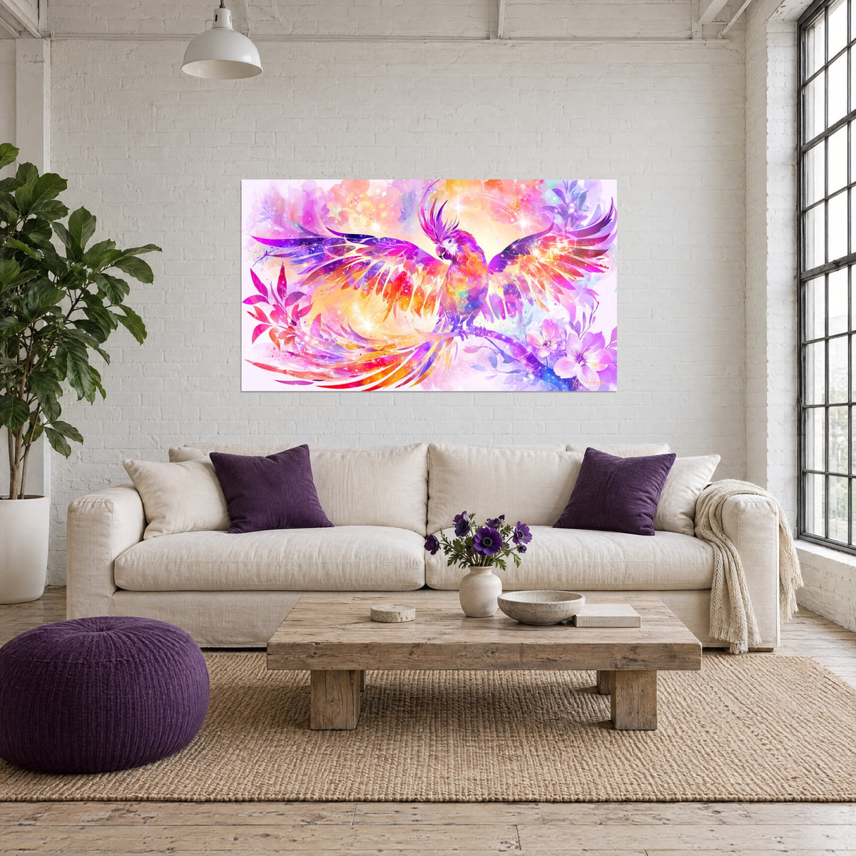 Tableau cacatoès aux ailes ouvertes en violet et orangé, huppe rose, fleurs lilas, au-dessus d'un canapé dans un salon lumineux