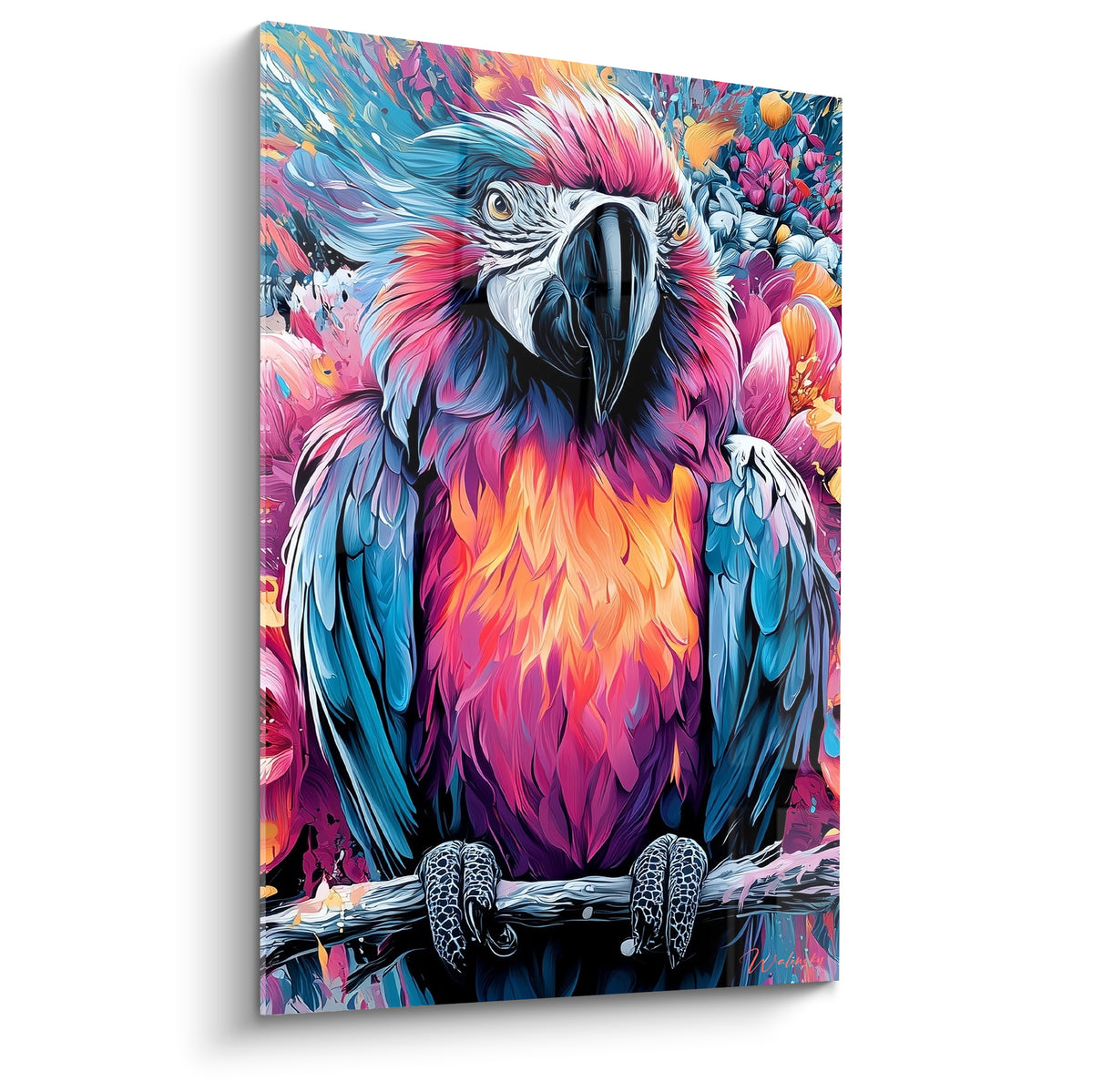 Perroquet fuchsia et turquoise au regard perçant, plumage orangé, fond floral abstrait vibrant