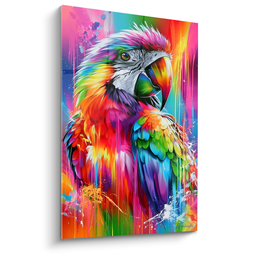 Tableau Ara multicolore aux coulures fluorescentes ruisselantes - Éclaboussures arc-en-ciel - Edition Perroquet