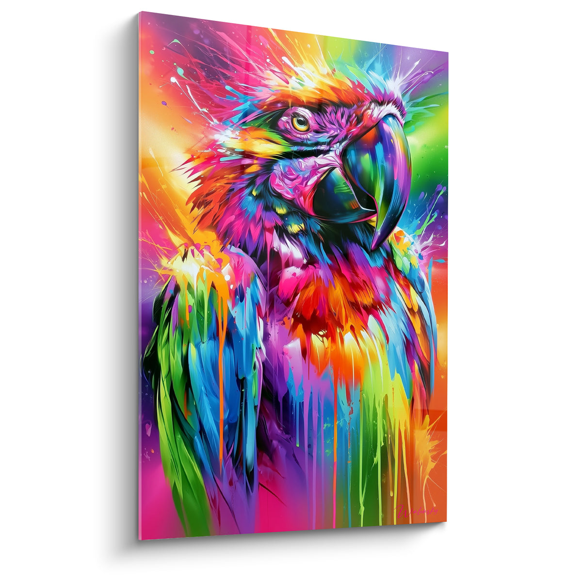 Perroquet aux plumes fuchsia et turquoise, bec ouvert, peinture éclaboussure éclatante