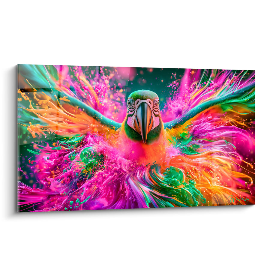 Tableau Perroquet aux ailes fuchsia et turquoise éclaboussées - Déflagration tropicale - Edition Perroquet