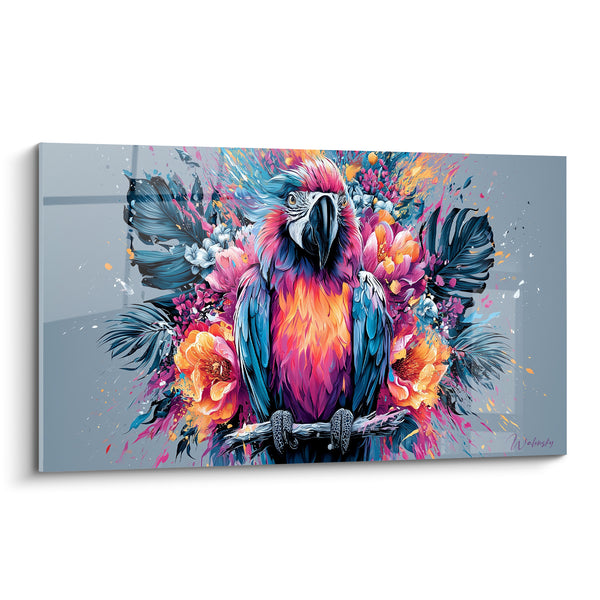 Tableau Ara rose et turquoise parmi feuillage tropical - Face au perchoir - Edition Perroquet