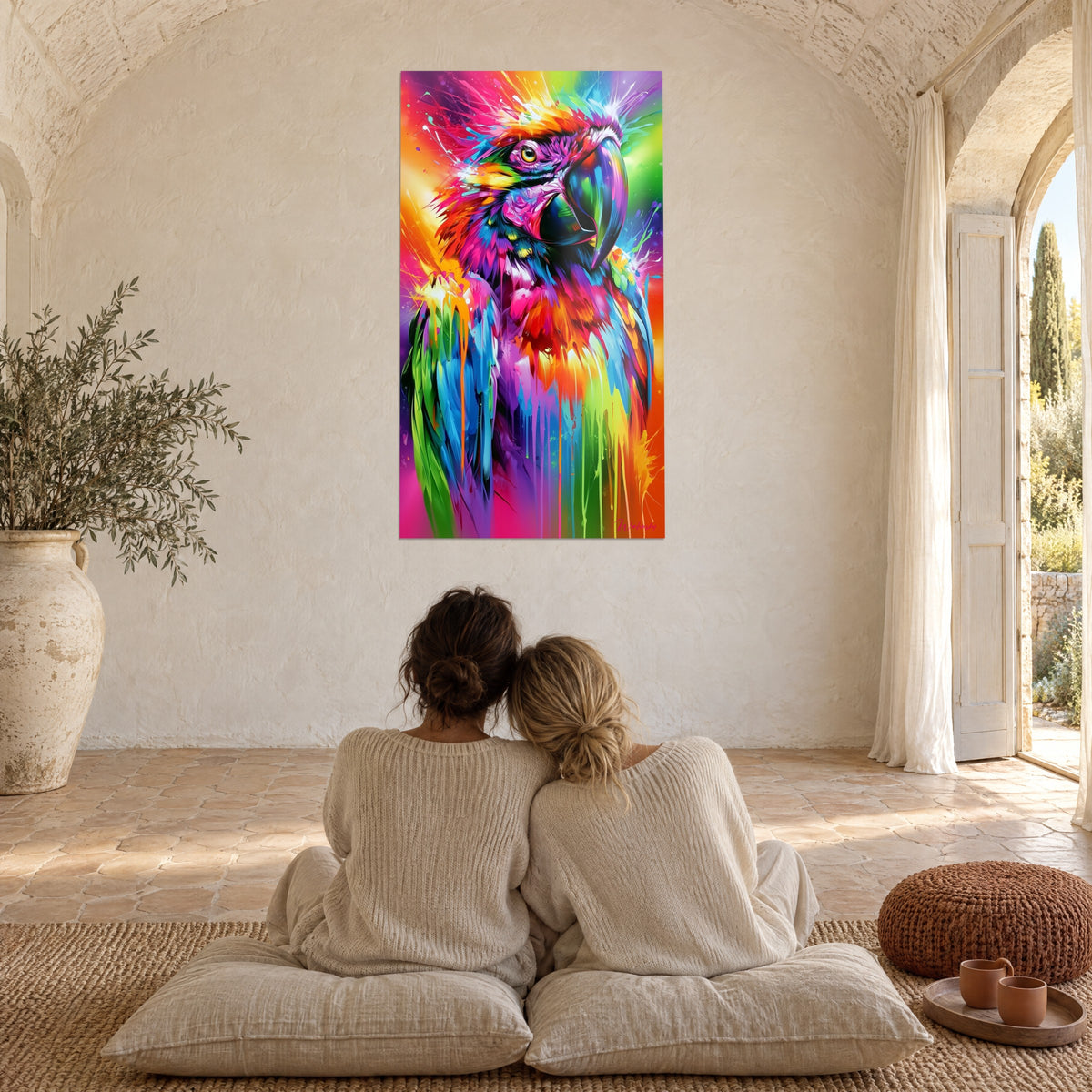 Tableau portrait de perroquet fuchsia, vert et orangé, deux personnes de dos assises sur des coussins, grand mur blanc d'un mas provençal