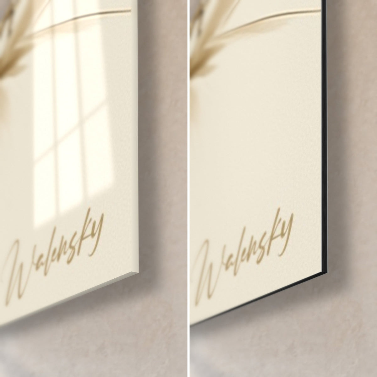 Wall art orange and white exotic bird, lower right corner: glossy glass on the left, matte Dibond aluminium on the right, 3 mm edge
