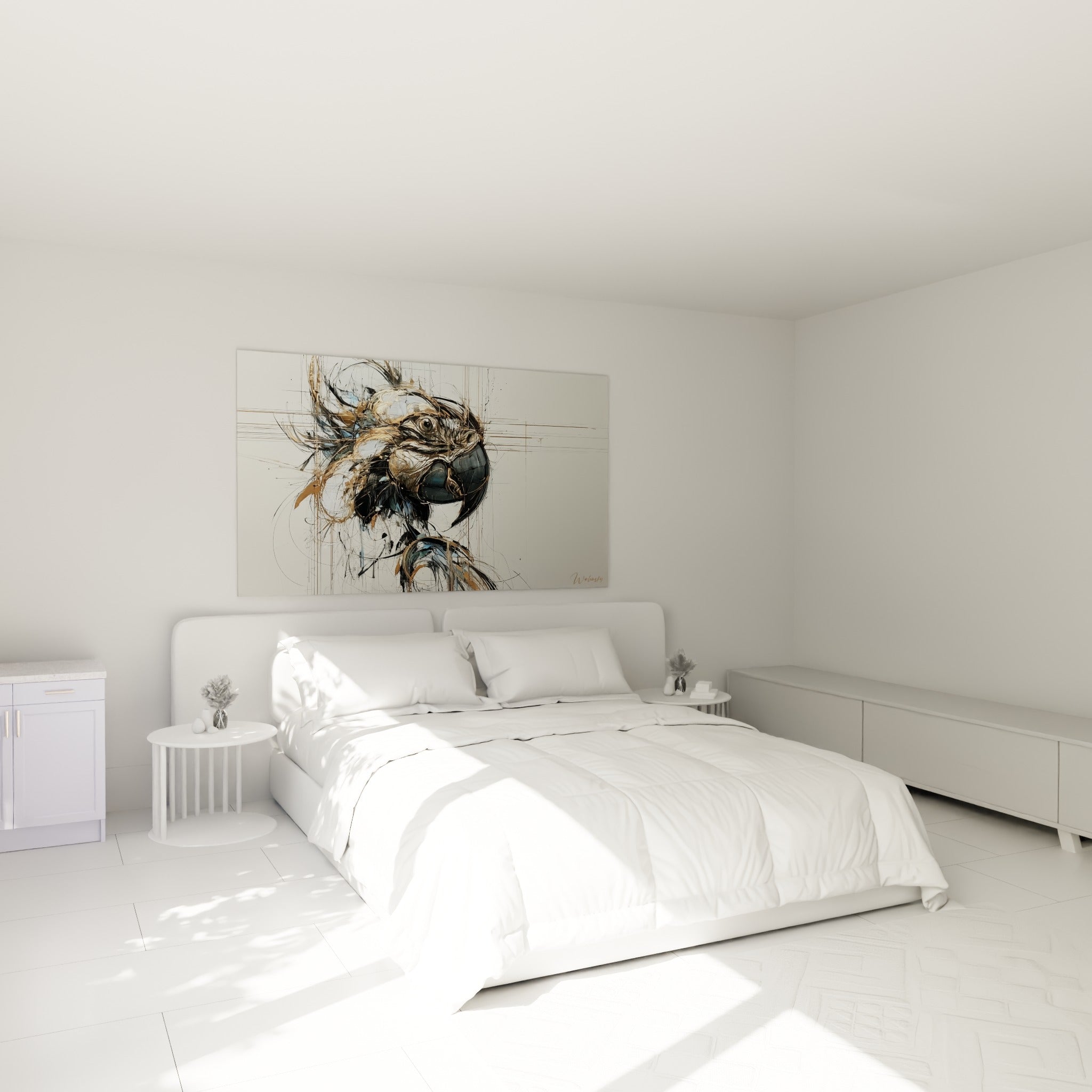 Oiseau esquissé en lignes dorées et noires, suspendu au-dessus d'un lit dans une chambre claire