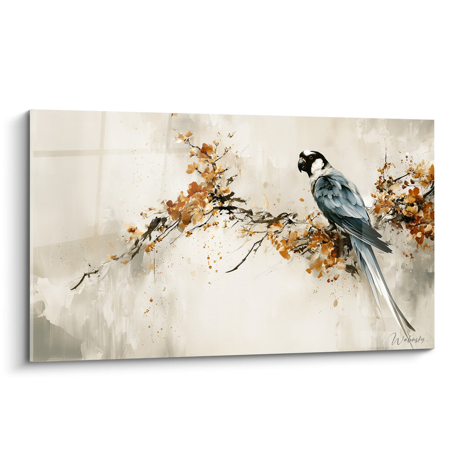 Tableau Perroquet gris et blanc sur branche fleurie ocre - Silhouette épurée sur fond beige - Edition Perroquet