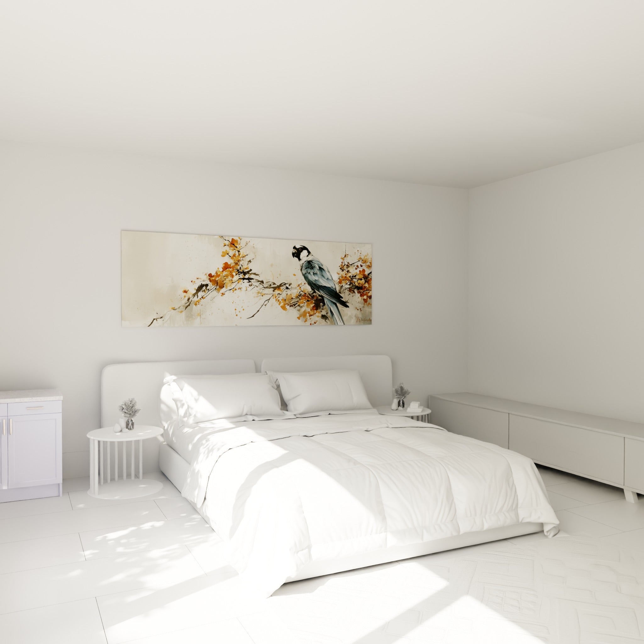 Oiseau gris et doré posé sur une branche fleurie, tableau accroché au-dessus d'un lit dans une chambre claire