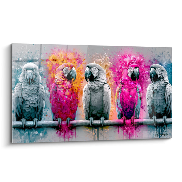 Tableau Perroquets gris et roses sur perchoir - Éveil coloré - Edition Perroquet