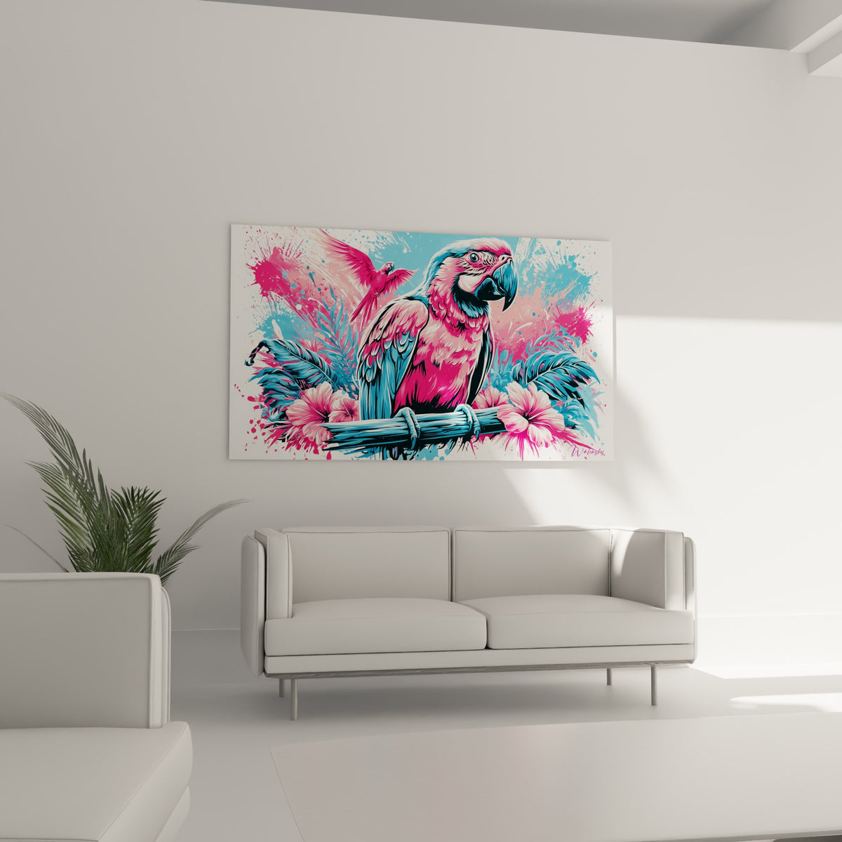 Oiseau tropical rose fuchsia entouré d'hibiscus roses, placé au-dessus d'un canapé dans un salon lumineux