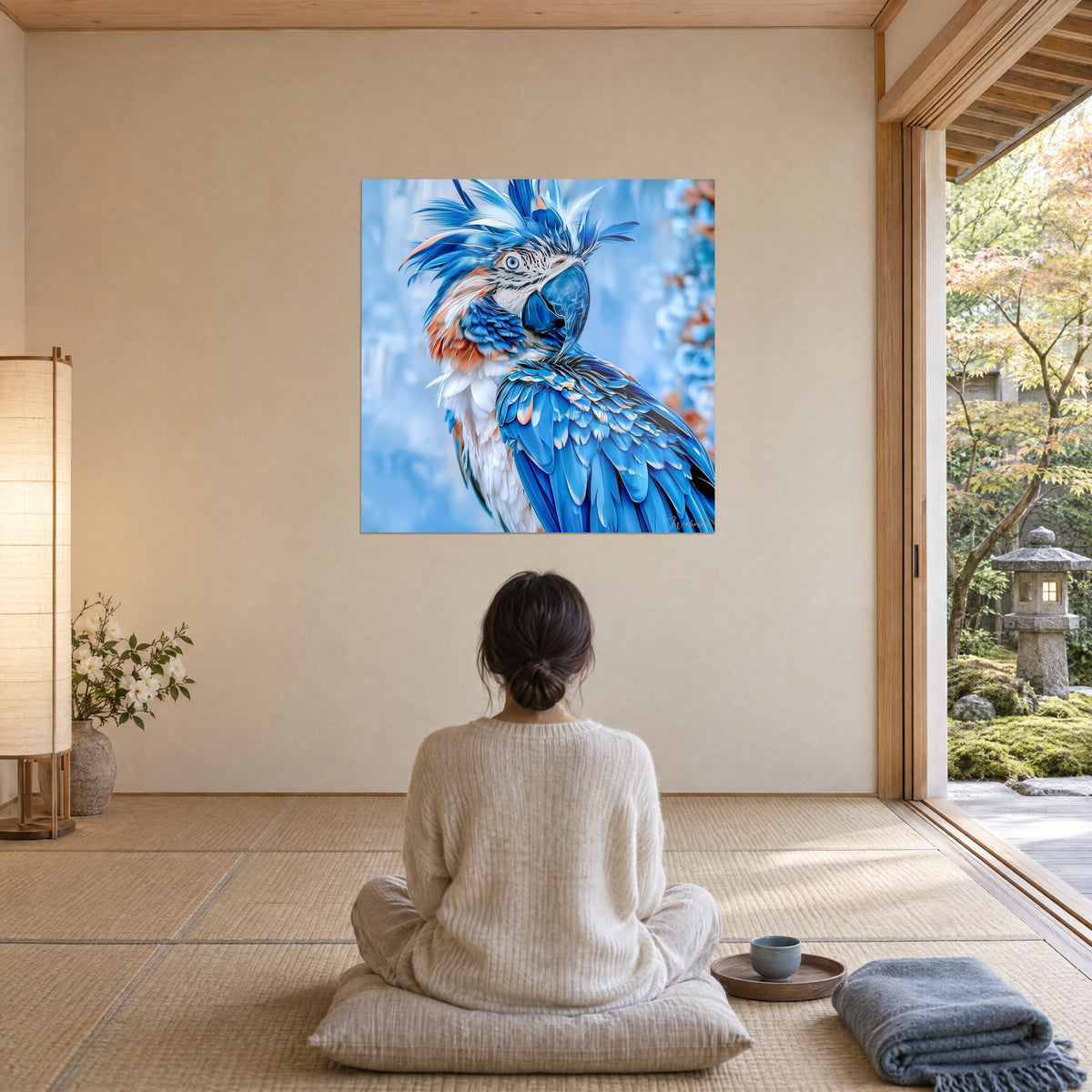 Wall art of an electric blue parrot in watercolor, bristling crest and frosted flowers, facing a woman seated from behind