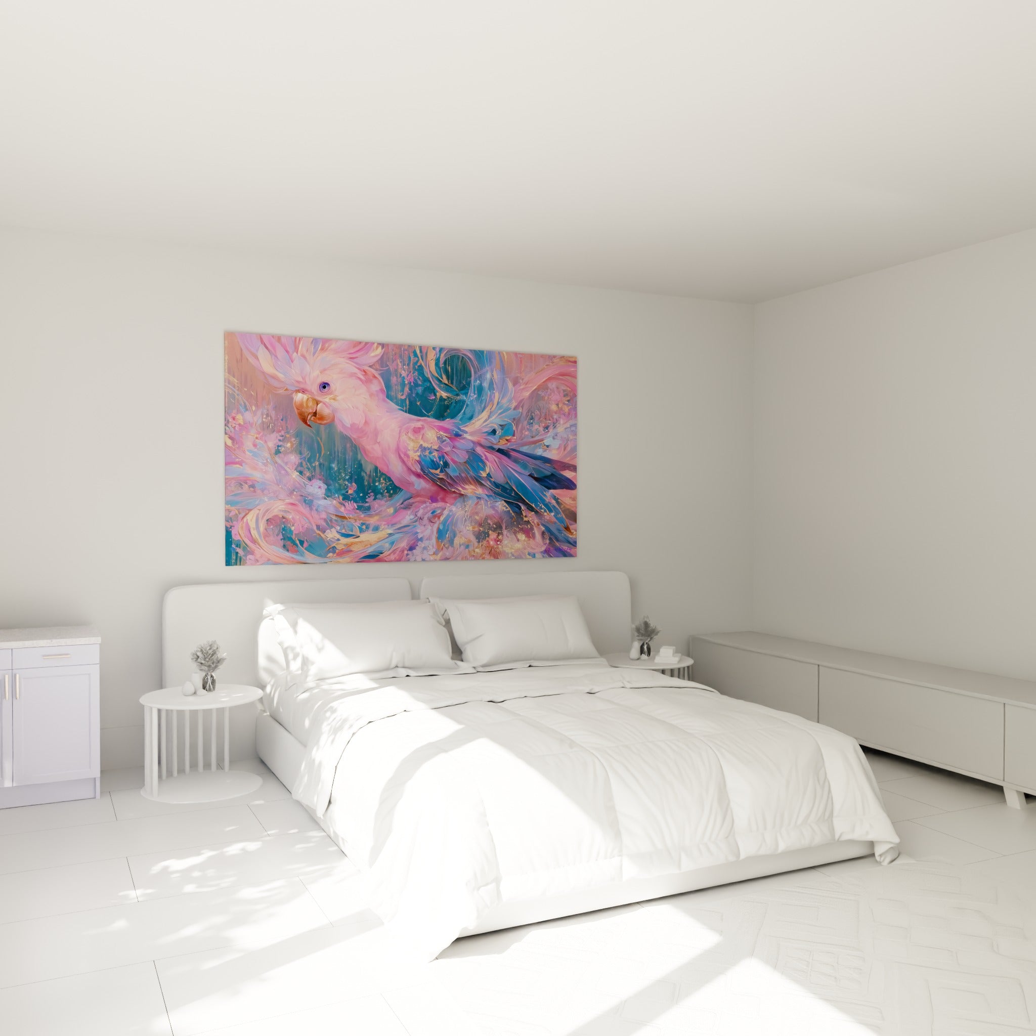 Perroquet rose et bleu aux volutes dorées, huppe déployée, accroché au-dessus d'un lit dans une chambre claire