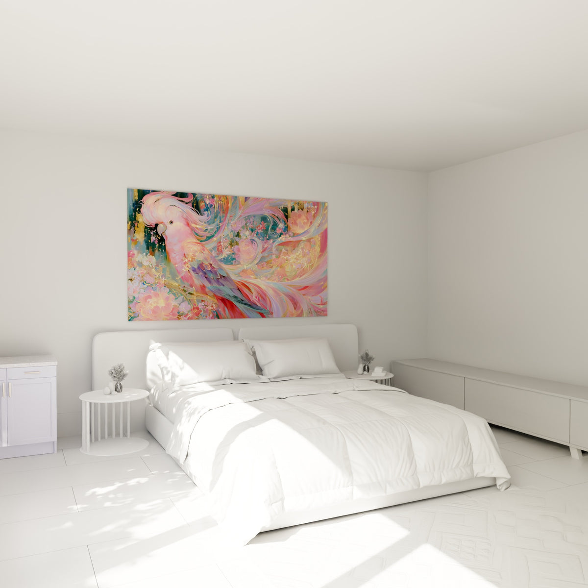 Oiseau rose aux reflets dorés et plumage tourbillonnant au-dessus d'un lit dans une chambre claire