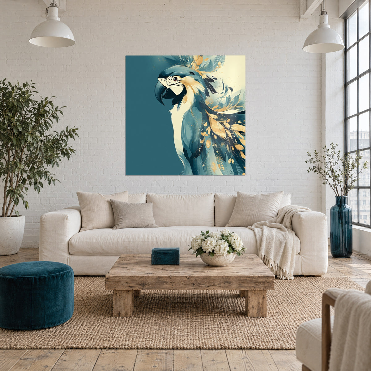 Tableau ara à bec courbe bleu pétrole et plumes dorées éclaboussées, fond crème, au-dessus d'un canapé dans un salon lumineux