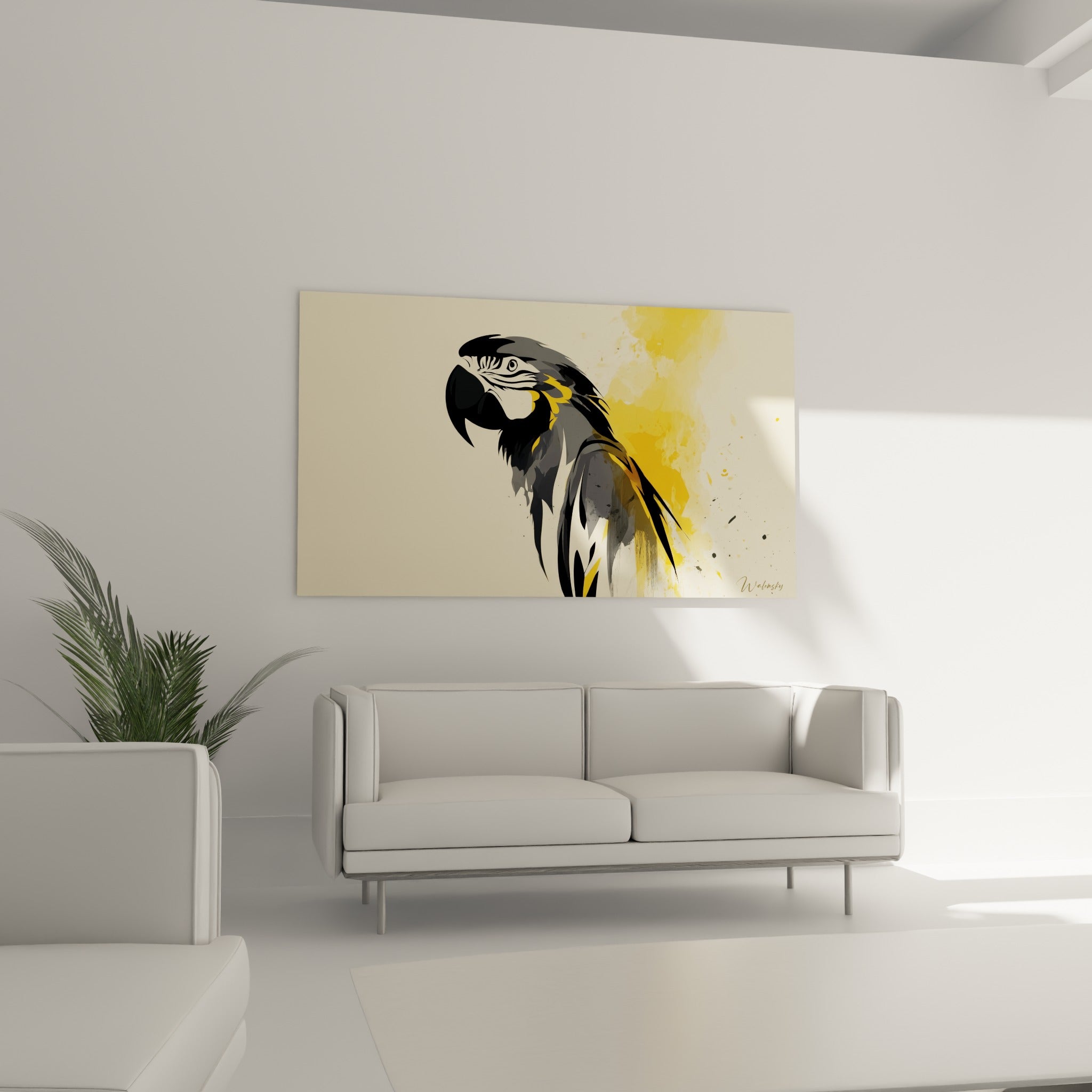 Tête de perroquet noire aux touches jaune moutarde, disposée au-dessus d'un canapé dans un salon lumineux