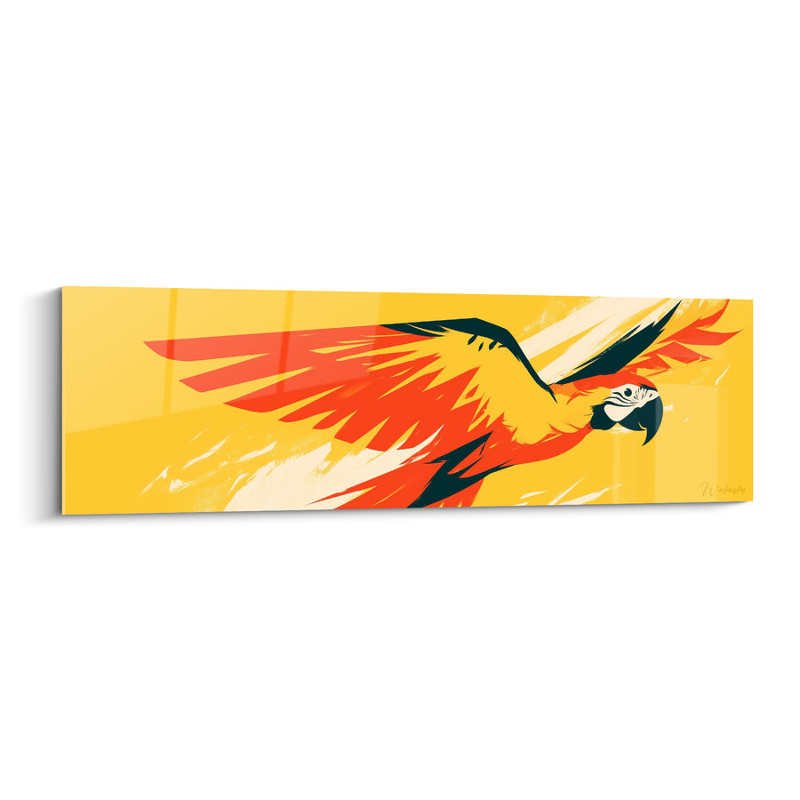 Tableau Ara jaune et rouge en plein vol horizontal - Fond jaune uni - Edition Perroquet
