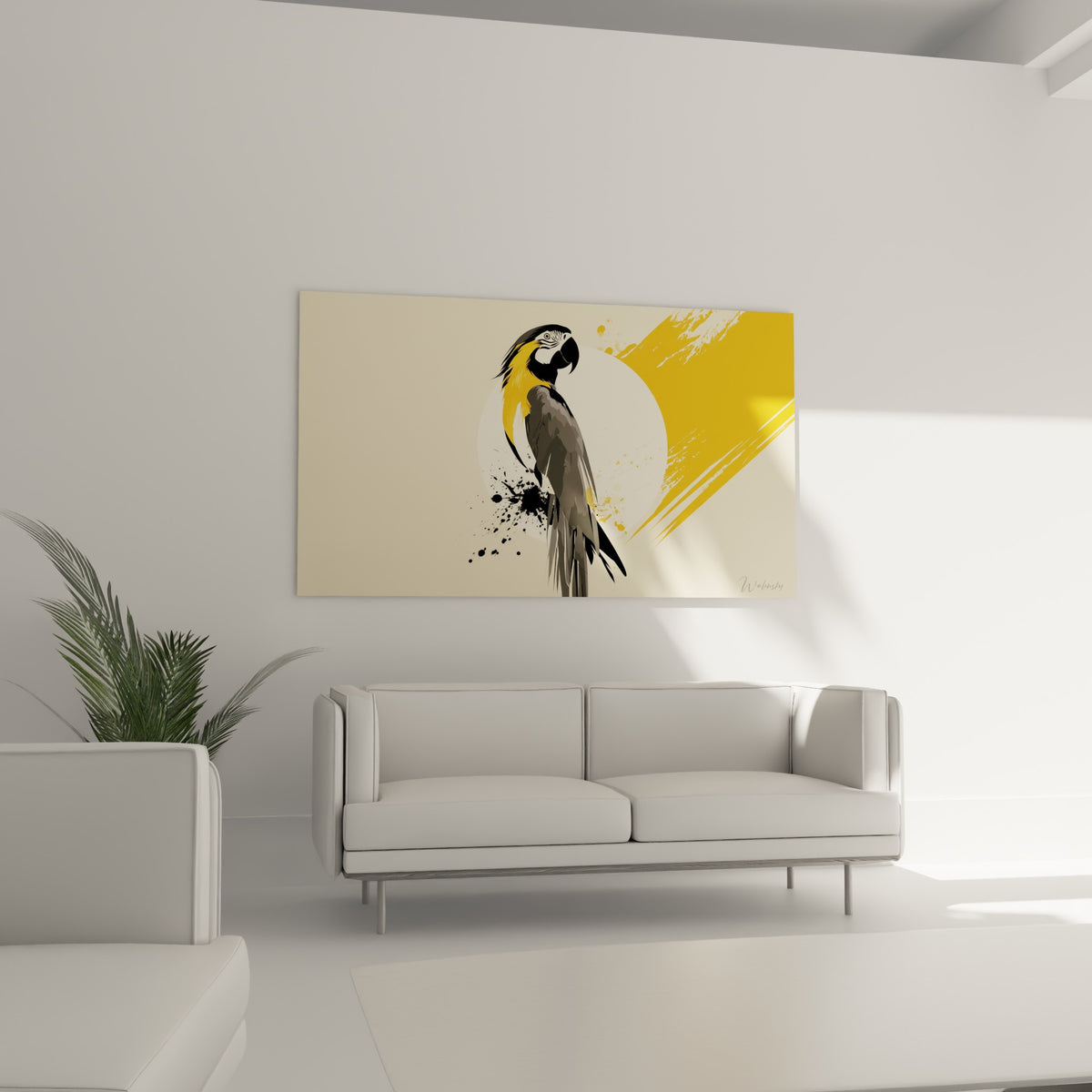 Silhouette animalière graphique aux teintes anthracite et safran, au-dessus d'un canapé dans un salon lumineux