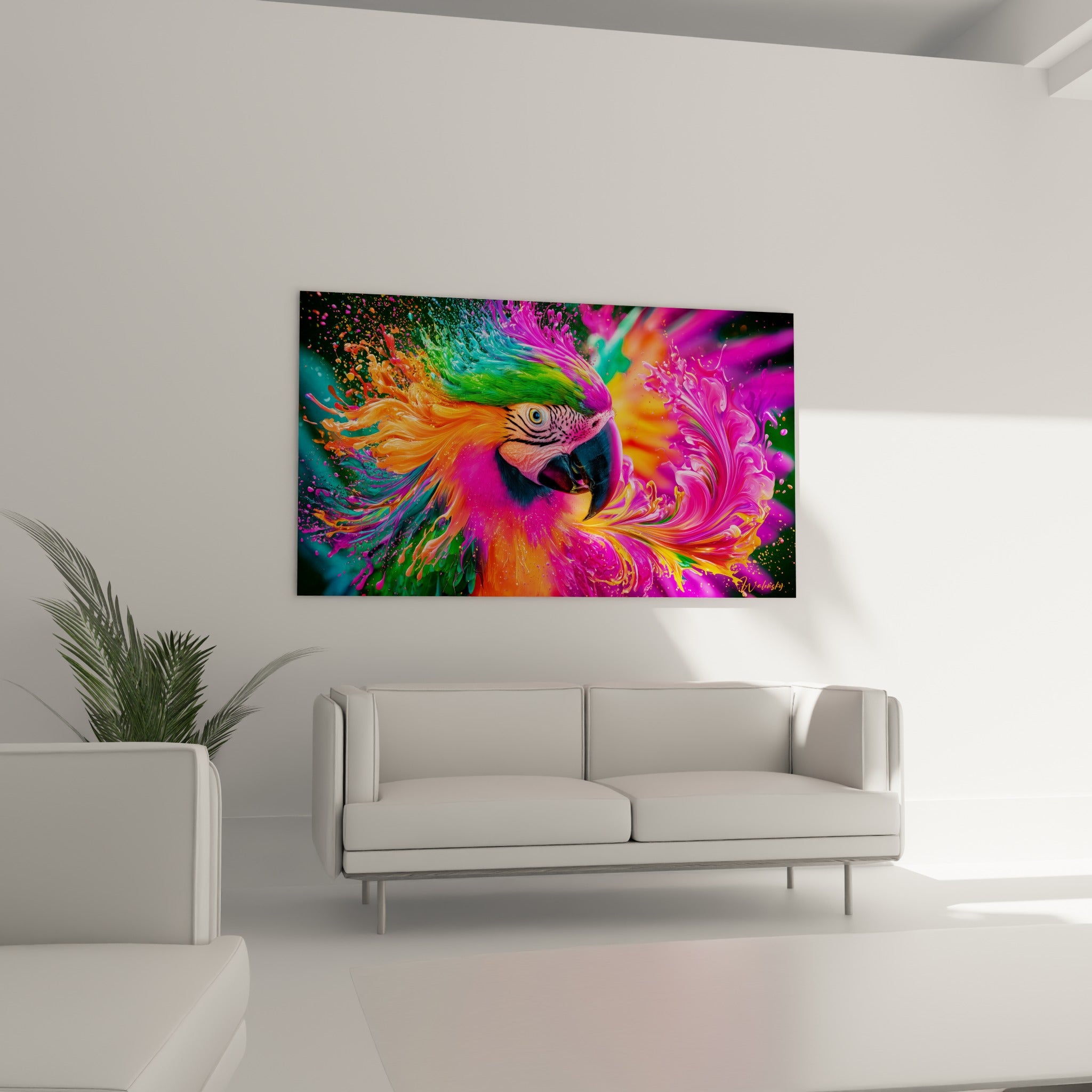 Volatile multicolore au regard perçant, plumage rose et turquoise fluide, au-dessus d'un canapé dans un salon lumineux