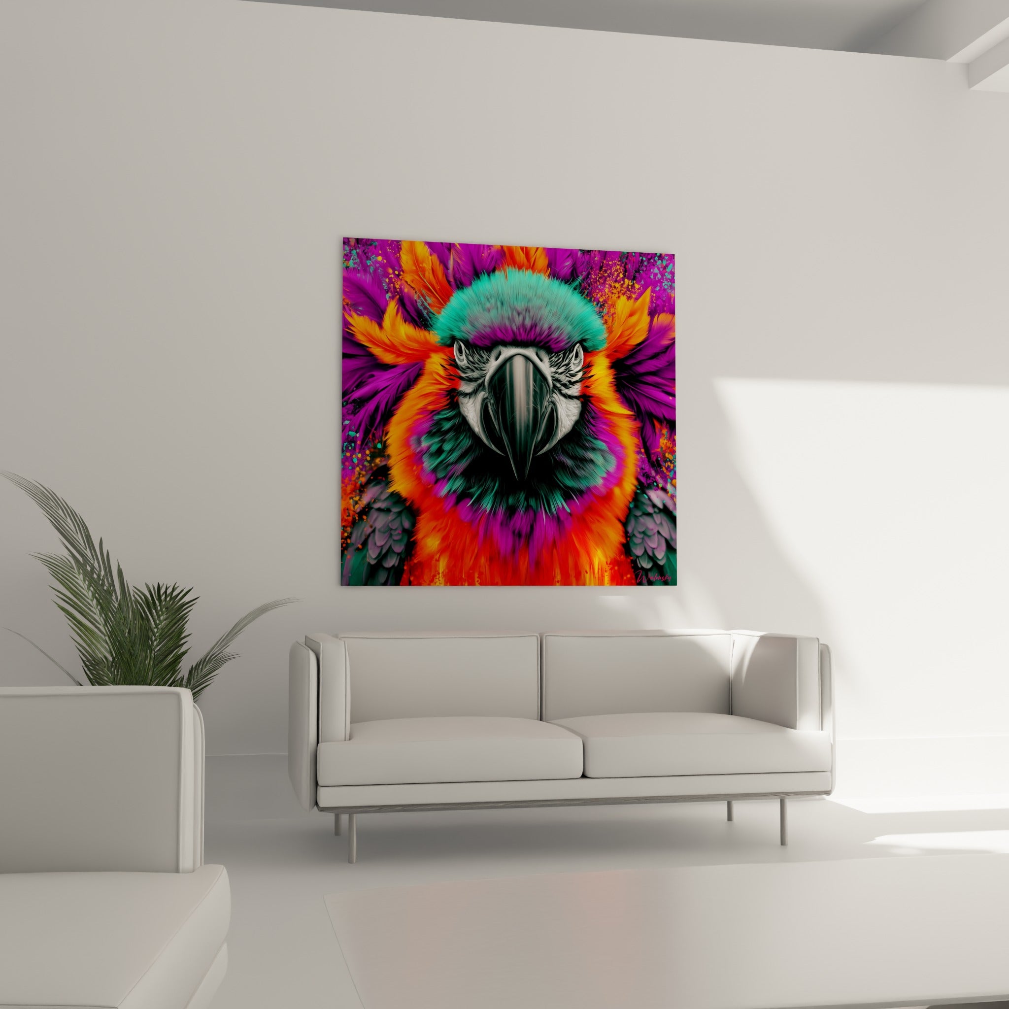 Visage de perroquet coloré en turquoise et magenta, suspendu au-dessus d'un canapé dans un salon lumineux