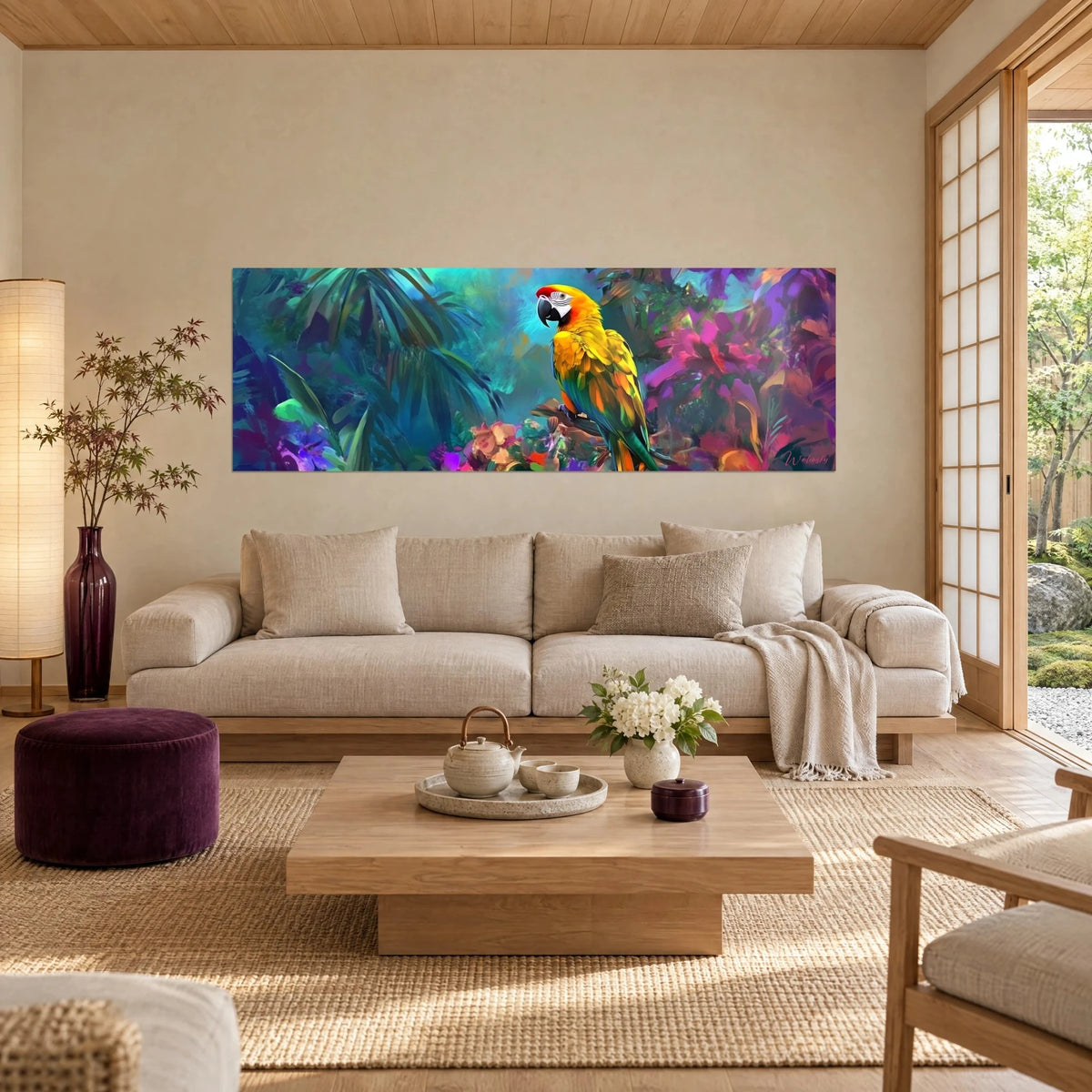 Wall art yellow and orange macaw perched on a branch, turquoise foliage and fuchsia flowers, above a sofa in a bright living room