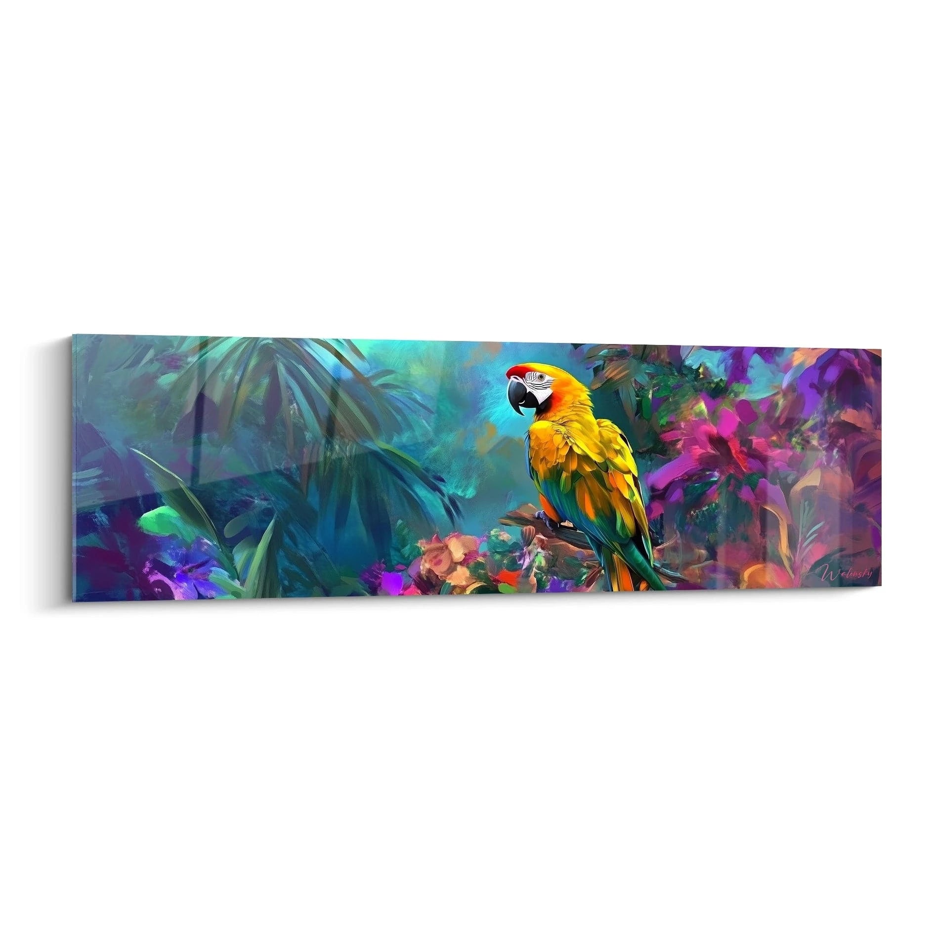 Tableau perroquet coloré Walensky représentant un perroquet sur une branche dans une forêt tropicale vibrante