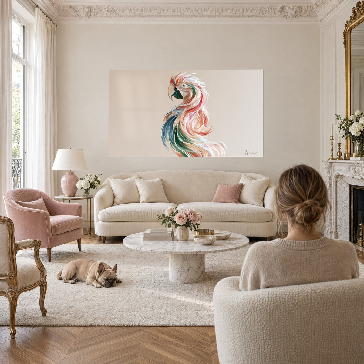 Tableau perroquet aux plumes vaporeuses rose saumon et vert sapin, regardé par une femme de dos et son bulldog, au-dessus d'un canapé dans un salon lumineux