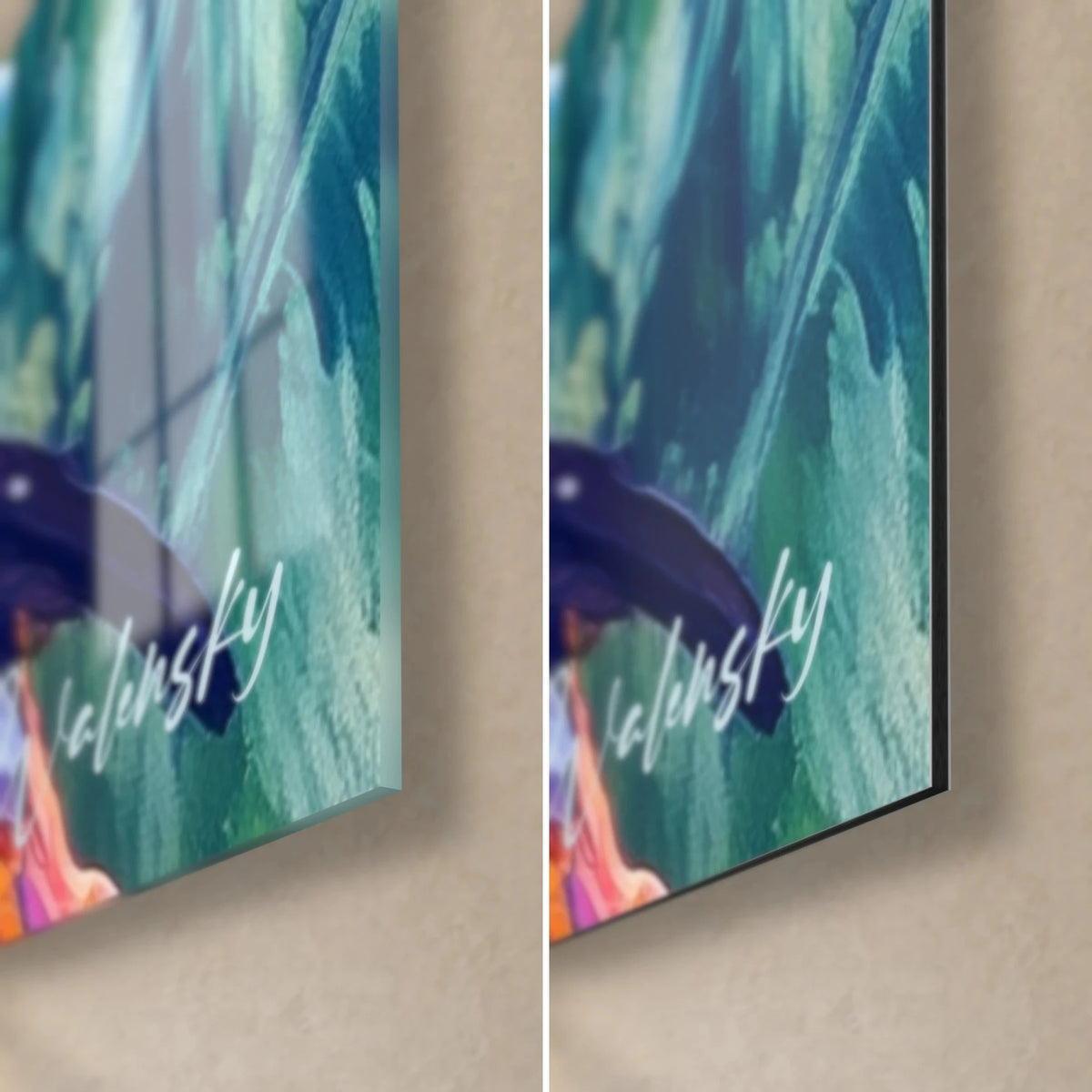 Quadro coppia di pappagalli, angolo in basso a destra: vetro lucido e alluminio Dibond opaco, bordo da 3 mm, verde smeraldo e blu profondo