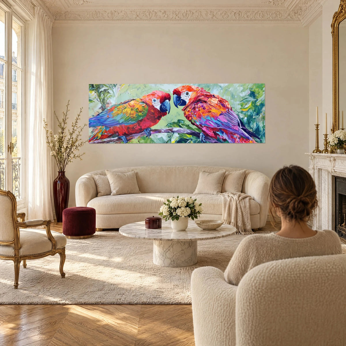 Quadro due ara scarlatte faccia a faccia, piume rosse e blu in pasta spessa, sopra un divano in un soggiorno luminoso