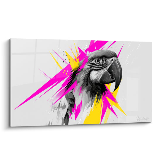 Perroquet en noir et blanc traversé d'éclats rose fuchsia et jaune sur fond gris clair