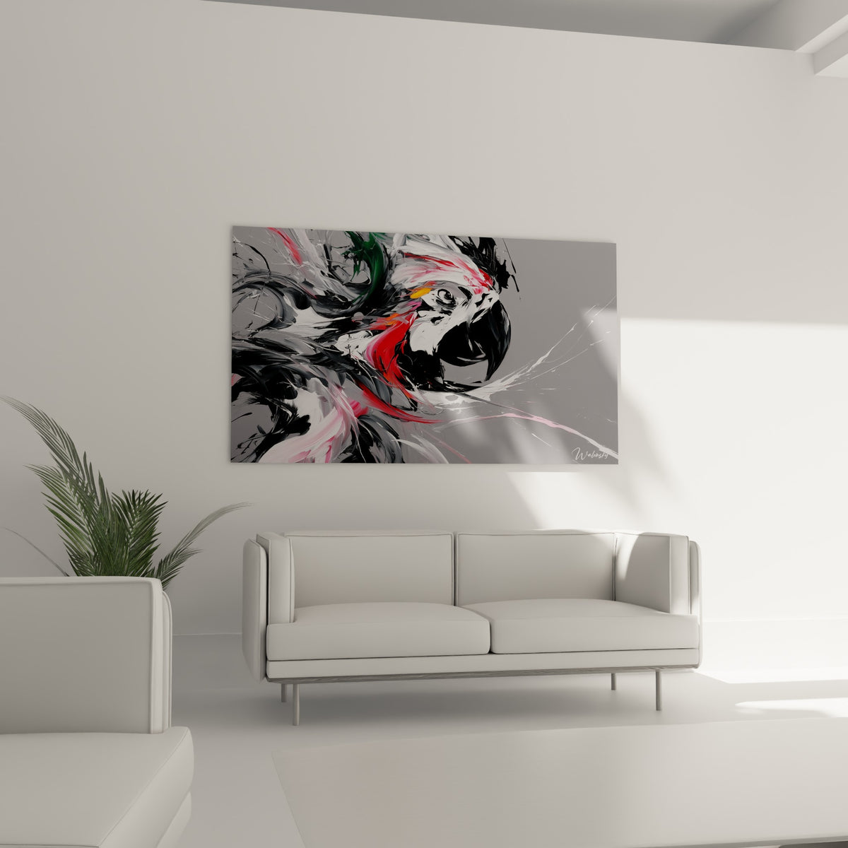 Perroquet noir et blanc aux touches rouge vif au-dessus d'un canapé dans un salon lumineux