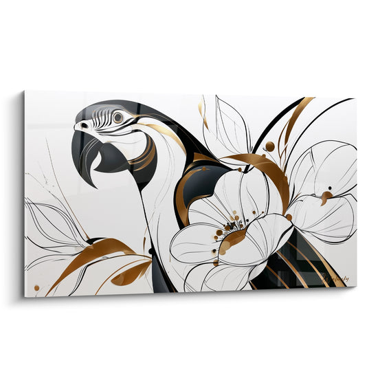 Perroquet anthracite au bec doré entouré de fleurs graphiques blanches et ambrées