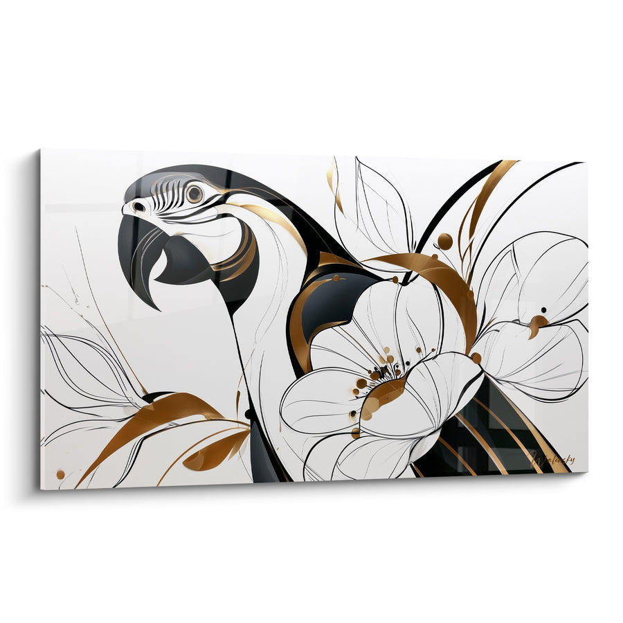 Tableau Perroquet noir et doré parmi fleurs esquissées - Profil linéaire minimaliste - Edition Perroquet