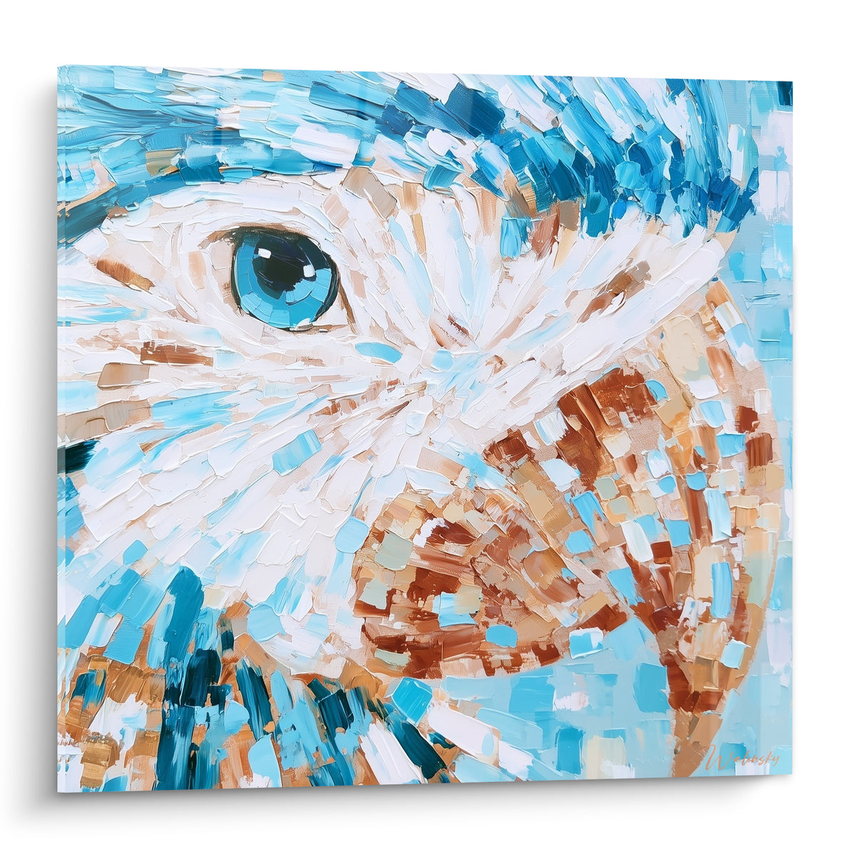 Perroquet en gros plan, œil bleu turquoise et plumes ocre à l'empâtement texturé et vibrant