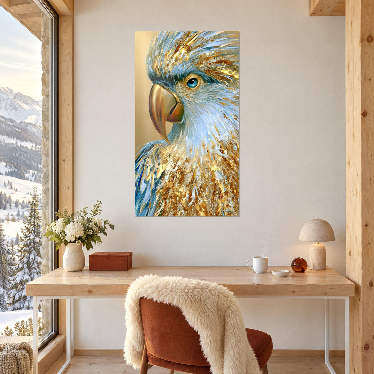 Wall art giant parakeet with gold and cobalt highlights, bright blue eye, cream wall of a wooden office by the window