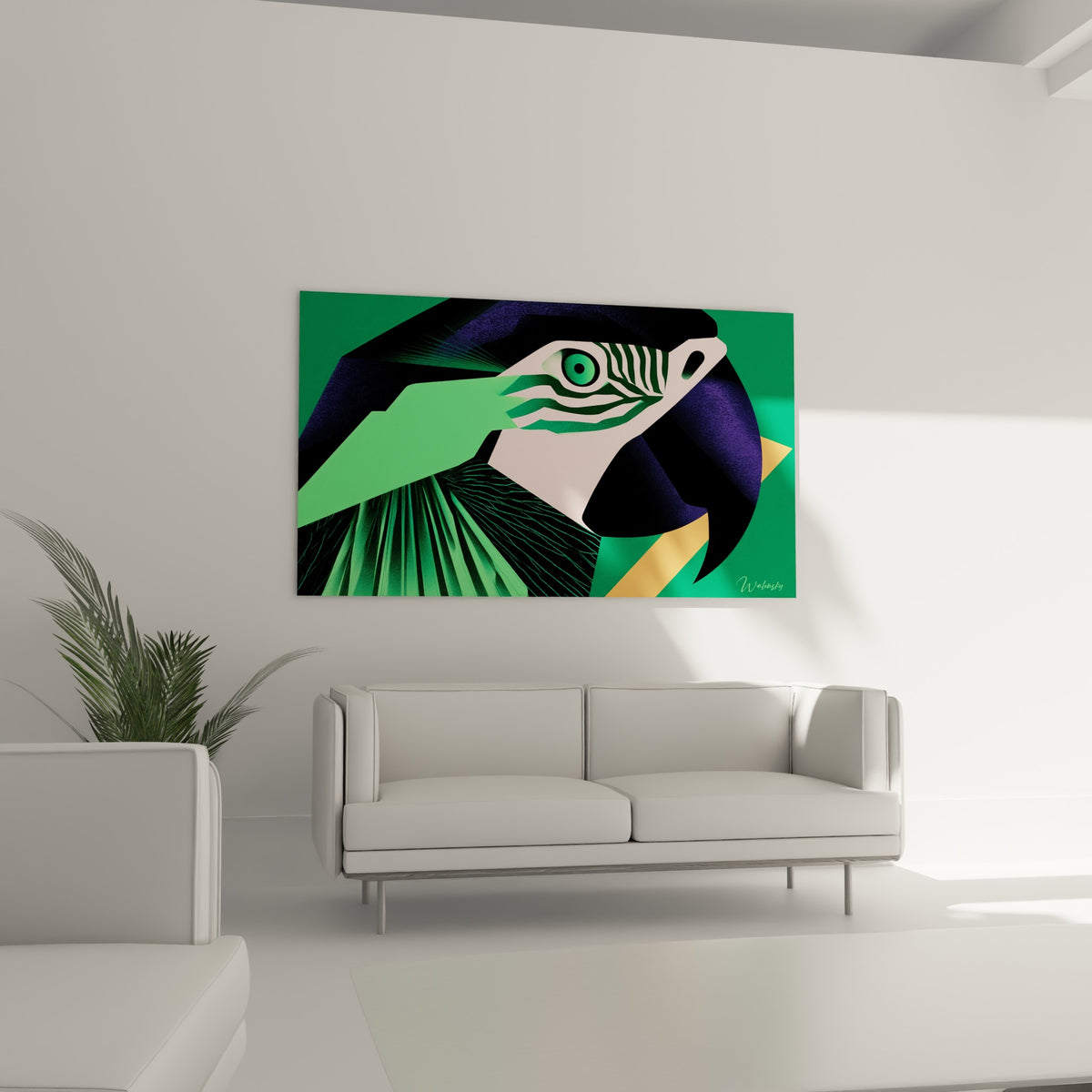 Tête de perroquet géométrique en vert émeraude et violet nuit au-dessus d'un canapé dans un salon lumineux