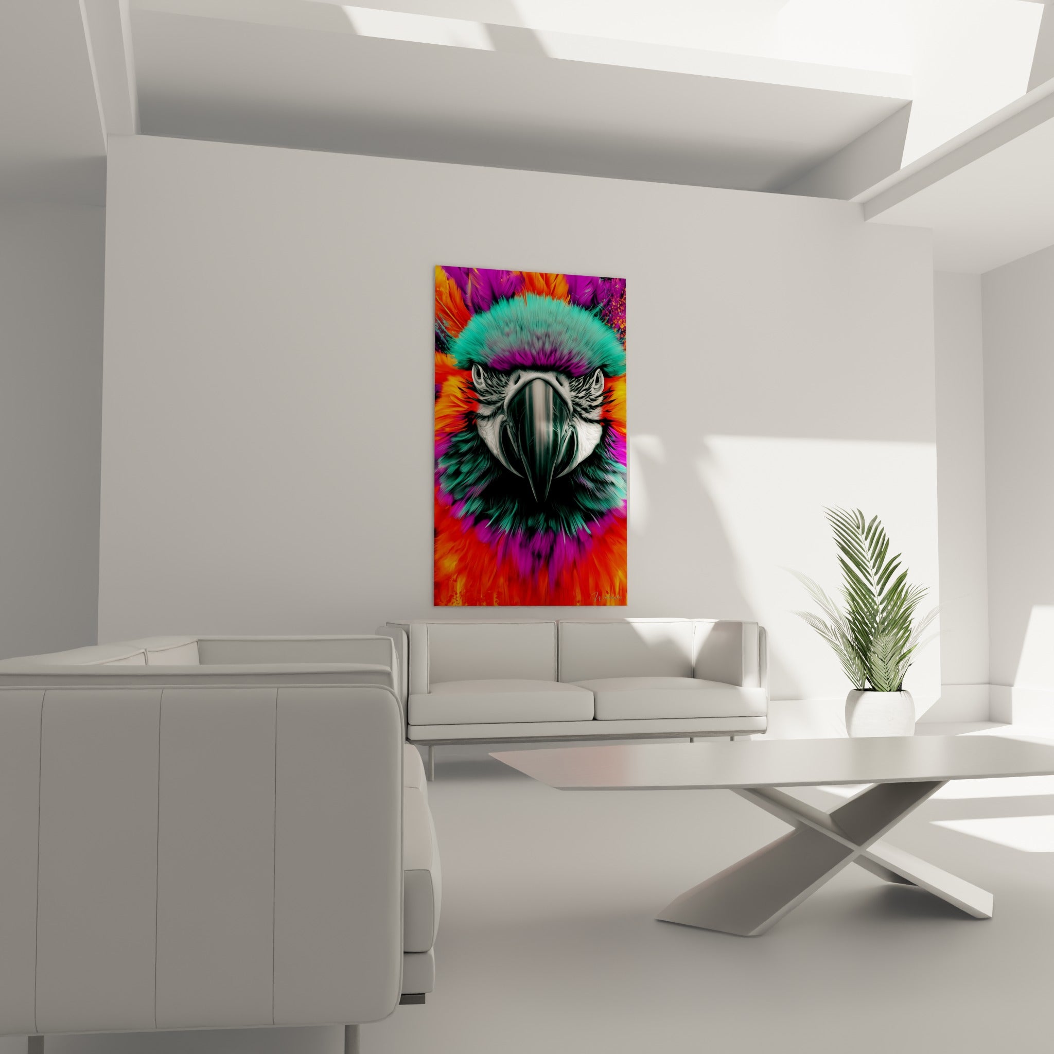 Oiseau exotique orange et violet à l'œil perçant, plumage vibrant, au-dessus d'un canapé dans un salon lumineux