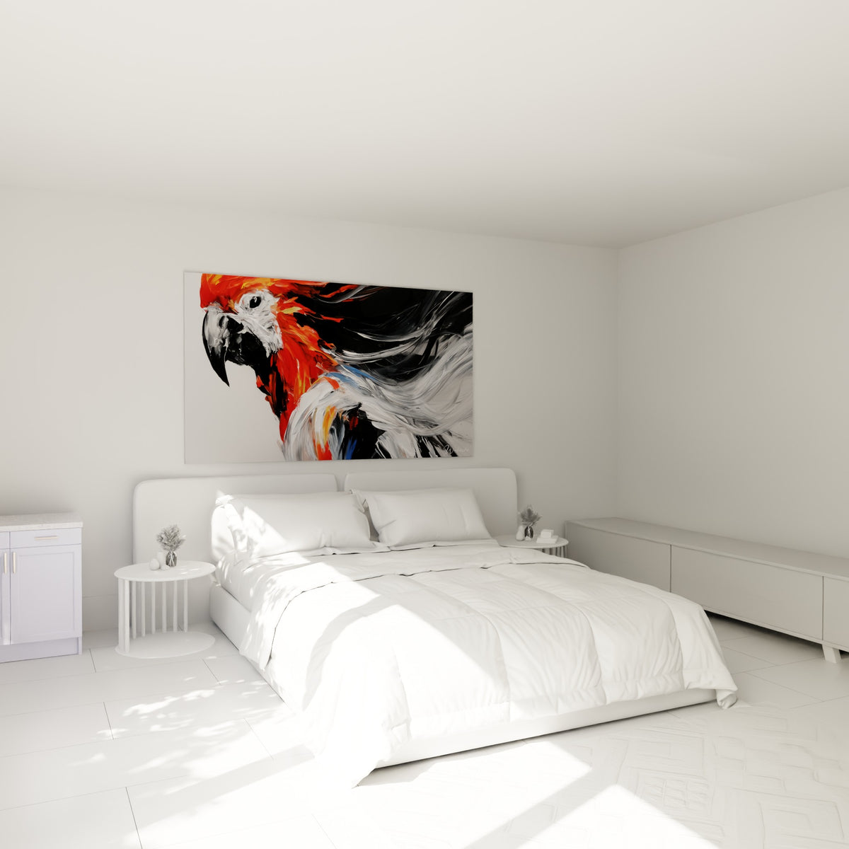 Oiseau rouge et anthracite en plein mouvement de plumes, accroché au-dessus d'un lit dans une chambre claire.