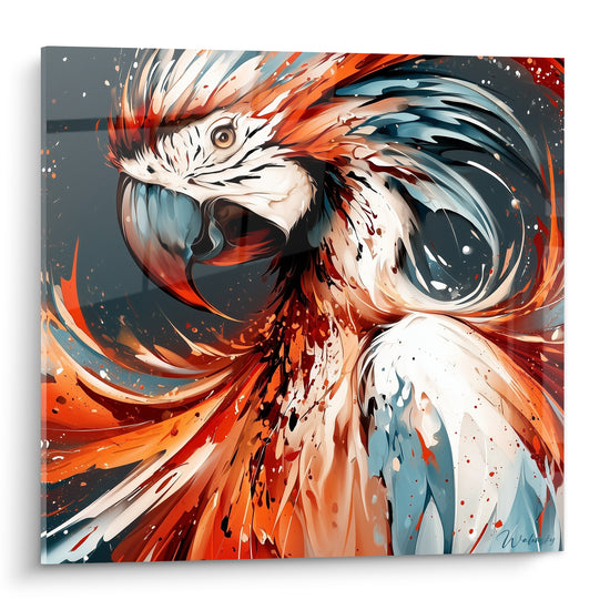 Perroquet en gros portrait, plumes orange et bleu pastel sur fond anthracite éclaboussé de blanc