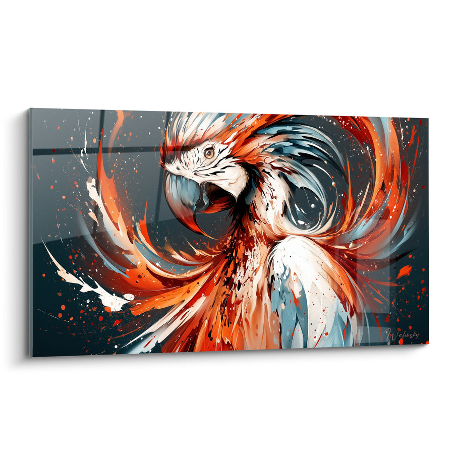 Tableau Perroquet blanc et orange aux volutes tourbillonnantes - Bec ouvert criant - Edition Perroquet