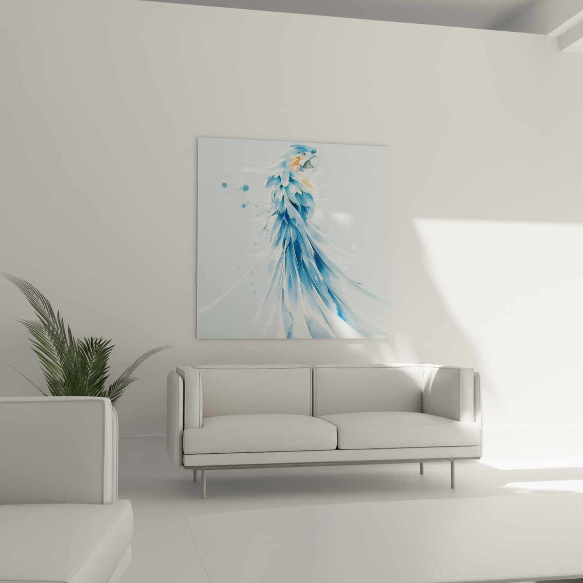 Oiseau bleu pastel aux plumes effilées orange corail au-dessus d'un canapé dans un salon lumineux