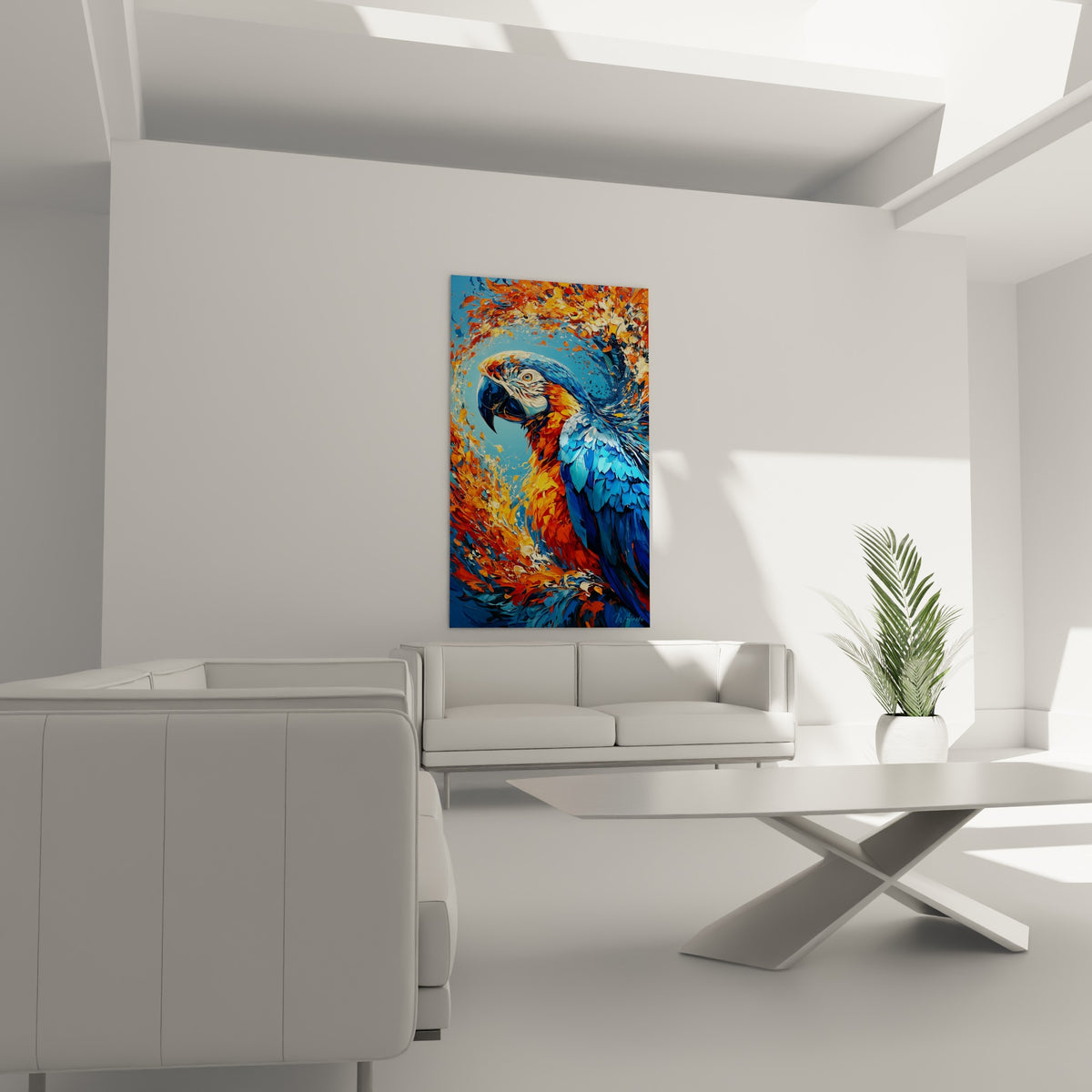 Oiseau exotique aux teintes bleu profond et orange feu, disposé au-dessus d'un canapé dans un salon lumineux
