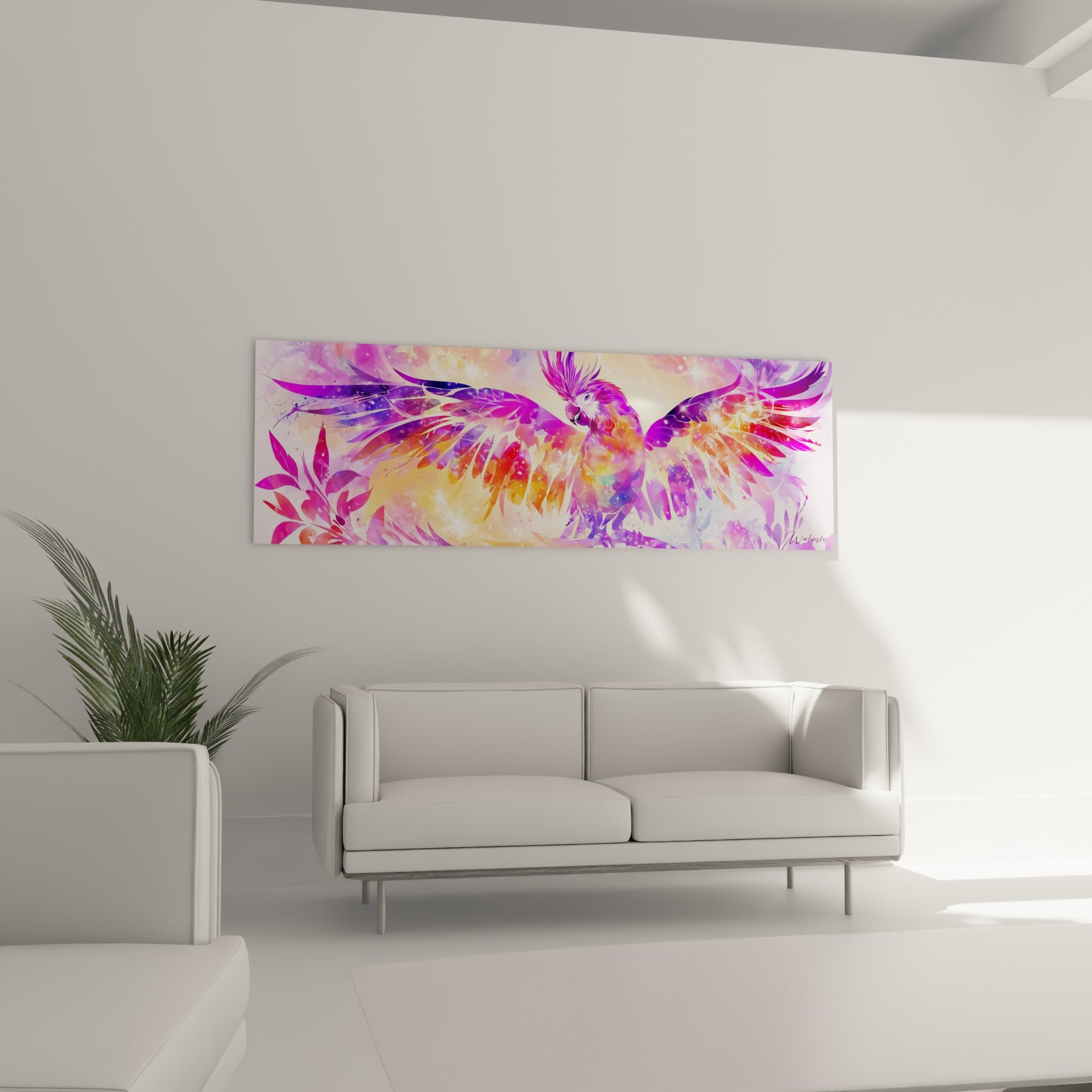 Oiseau tropical orange et violet en plein vol au-dessus d'un canapé dans un salon lumineux